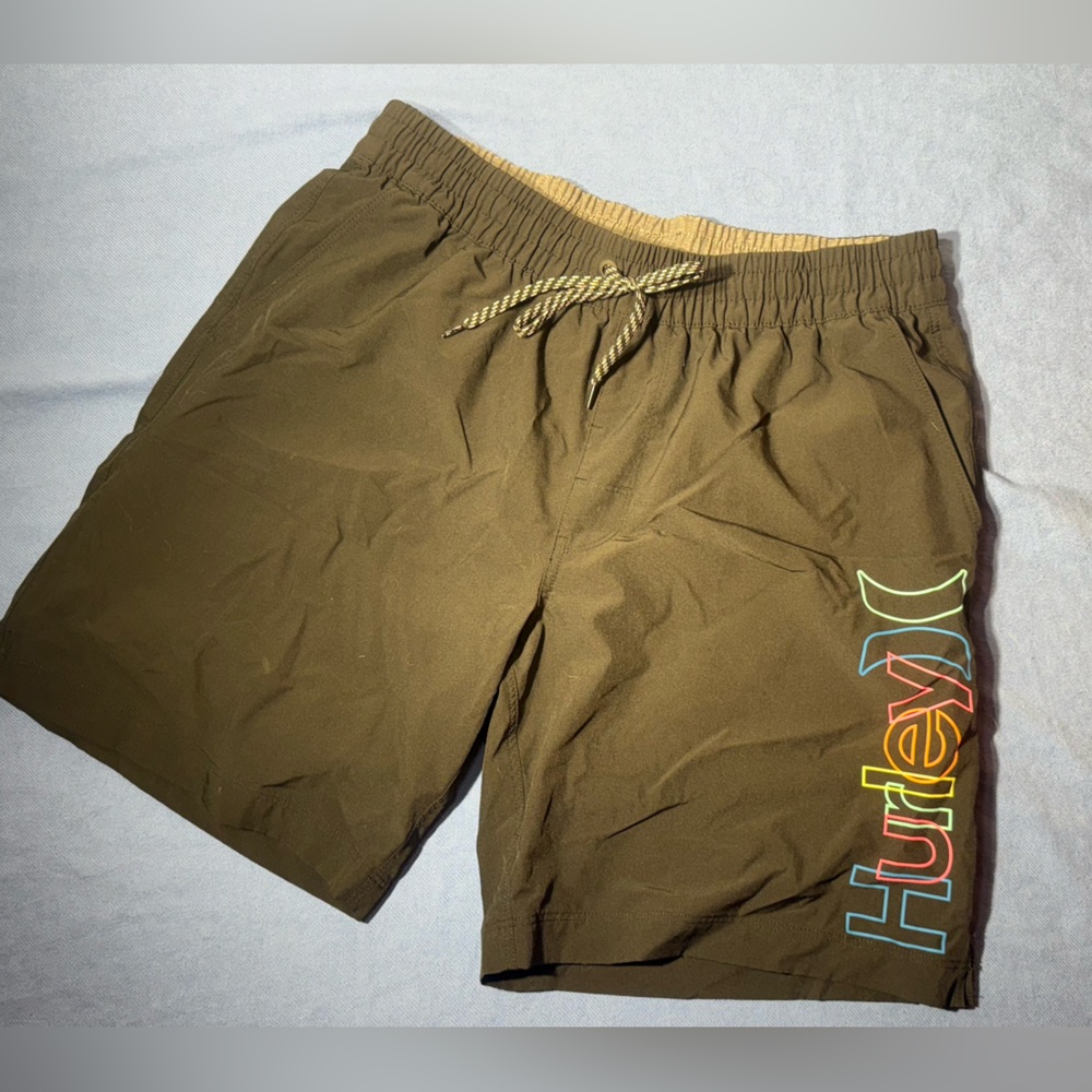Hurley Olive Green Swim Shorts with Multicolor Logo